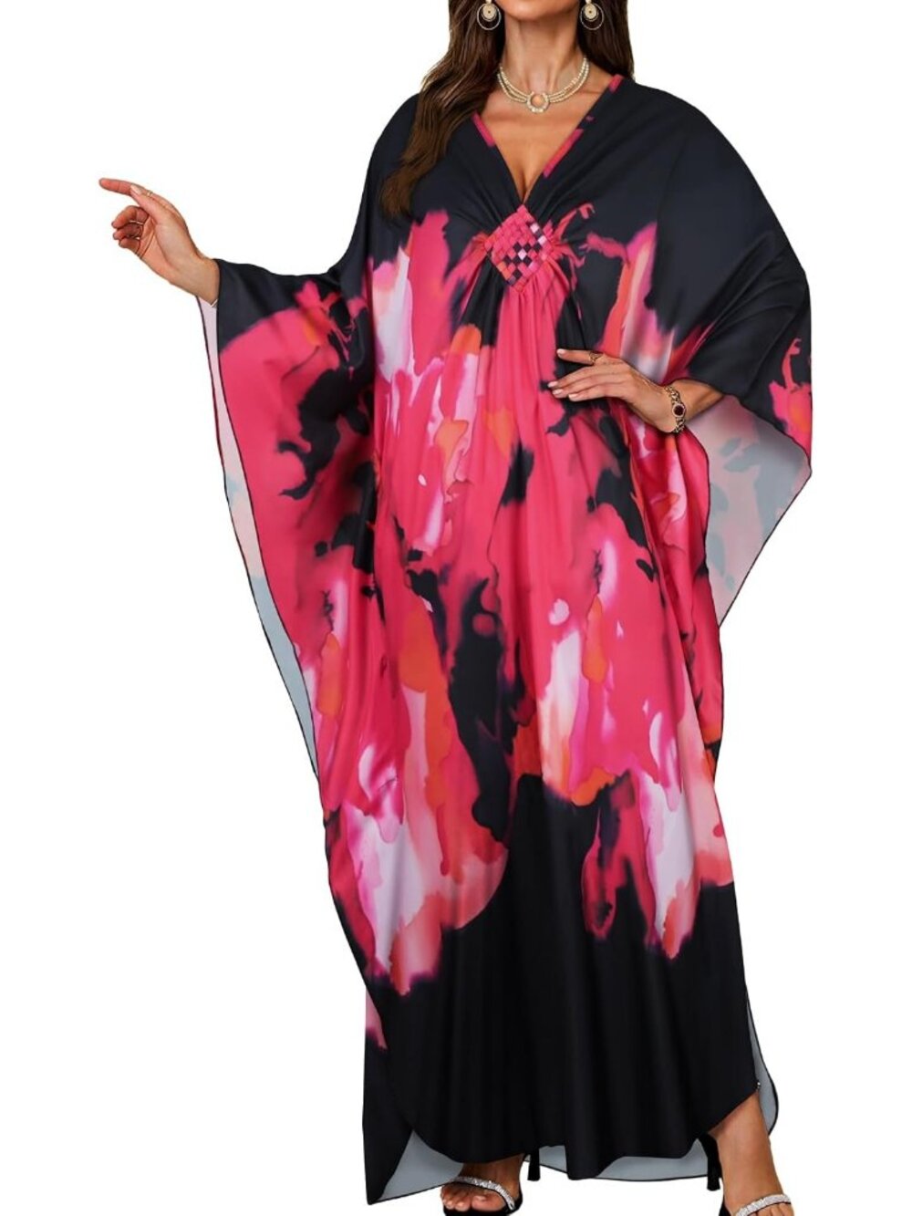 Women Black Pink Rose Polyester V Neck Printed Batwing Sleeves Kaftan Coverup